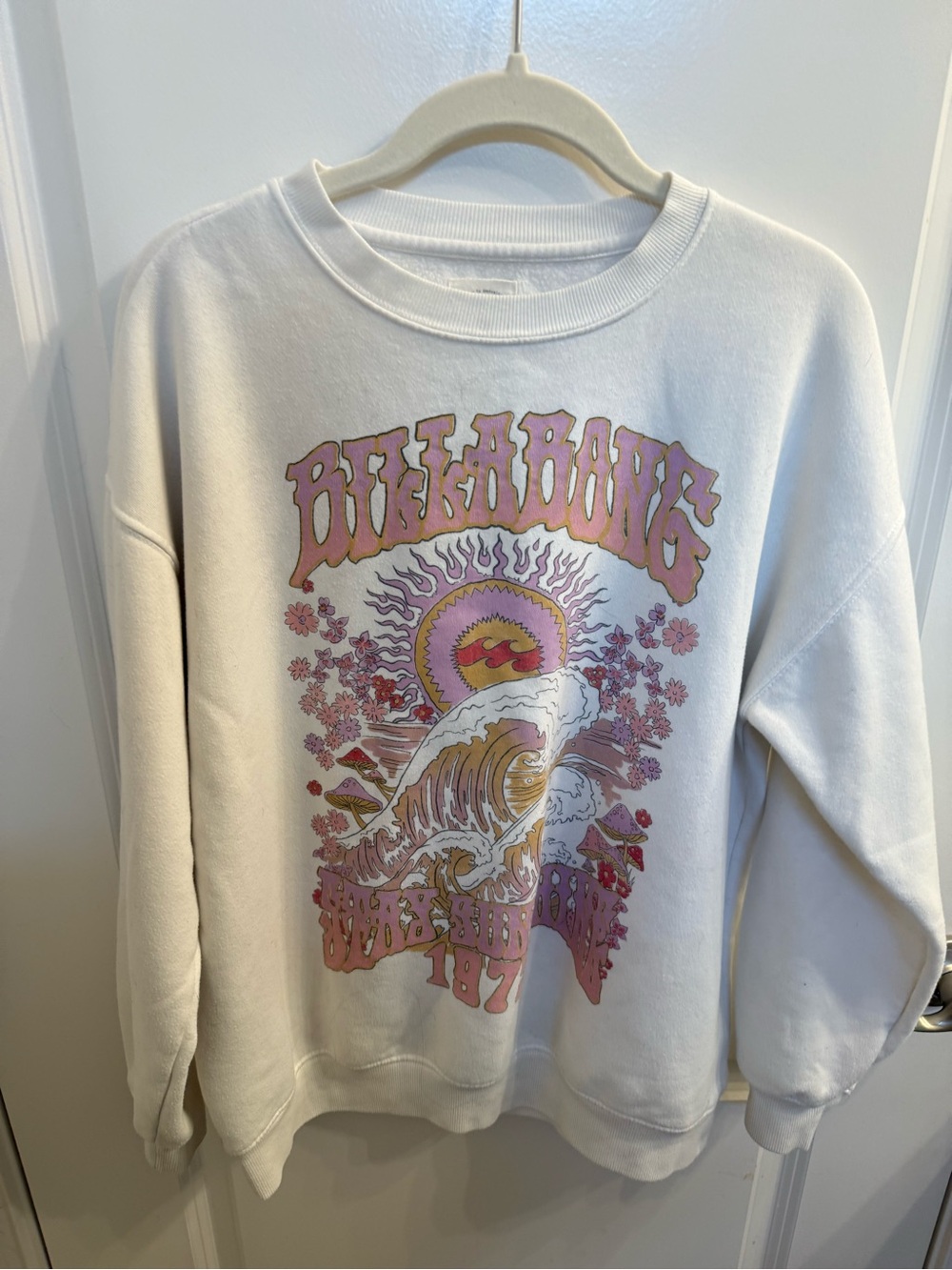 Billabong White Pullover Sweatshirt with Pink & Yellow Graphic
